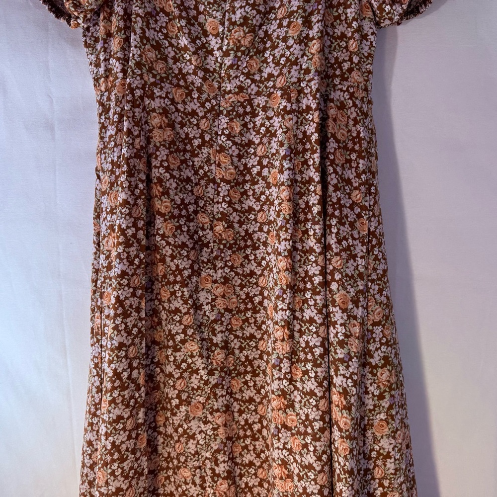 Astr Floral Puff Sleeve Maxi Dress - Pink and Brown Sz L Front Cutout Coquette - Picture 3 of 15